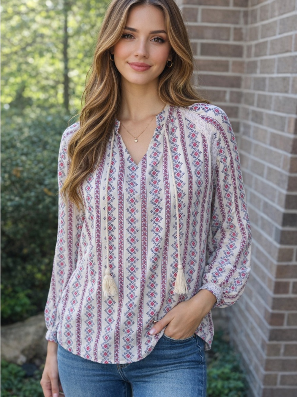 Cream and Blue Tassel V-Neck Boho Blouse